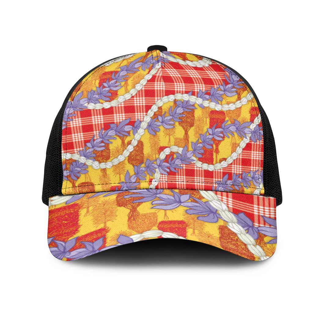 Hawaii Kahili Palaka Motifs Mesh Trucker Cap Hawaiian Honohono Pikake Lei LT14 One Size Black Red - Polynesian Pride