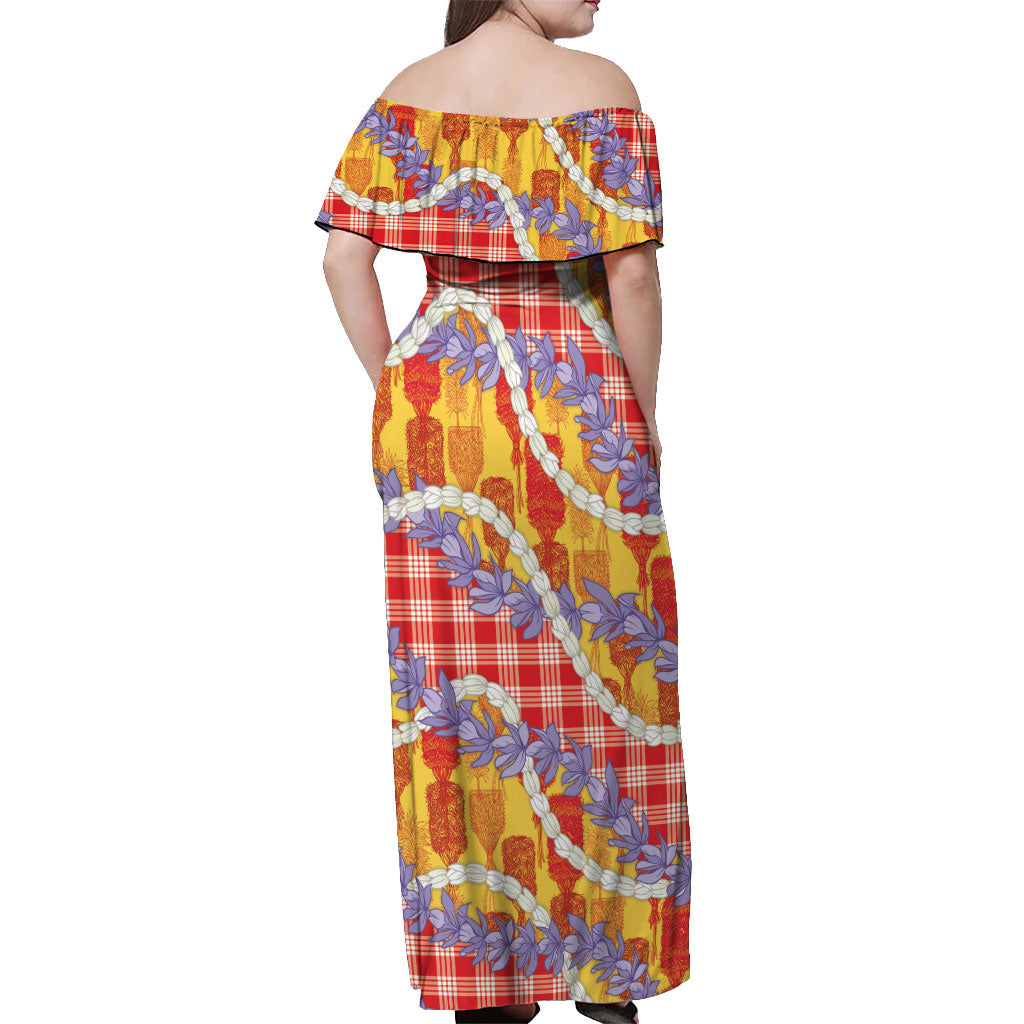 Hawaii Kahili Palaka Motifs Off Shoulder Maxi Dress Hawaiian Honohono Pikake Lei