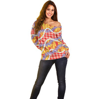Hawaii Kahili Palaka Motifs Off Shoulder Sweater Hawaiian Honohono Pikake Lei