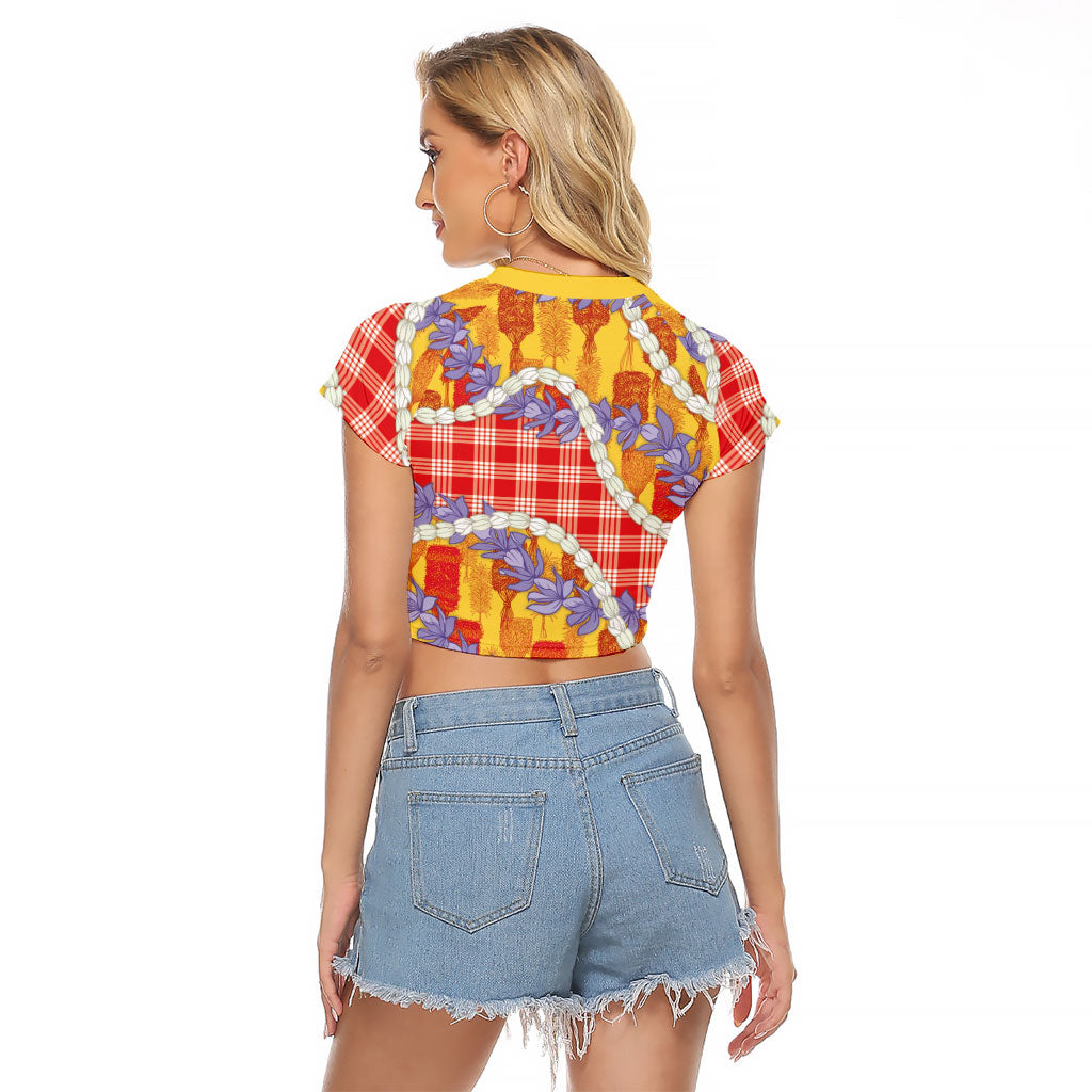 Hawaii Kahili Palaka Motifs Raglan Cropped T Shirt Hawaiian Honohono Pikake Lei