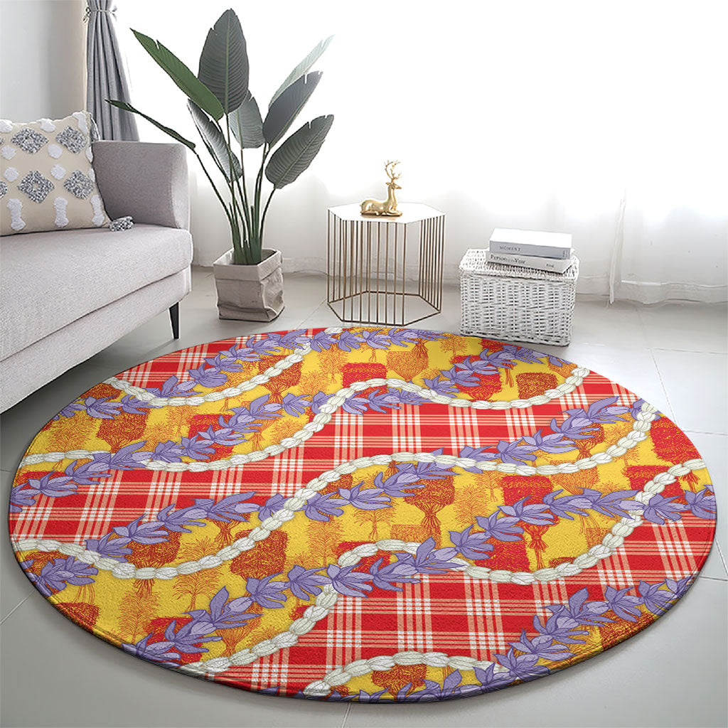 Hawaii Kahili Palaka Motifs Round Carpet Hawaiian Honohono Pikake Lei