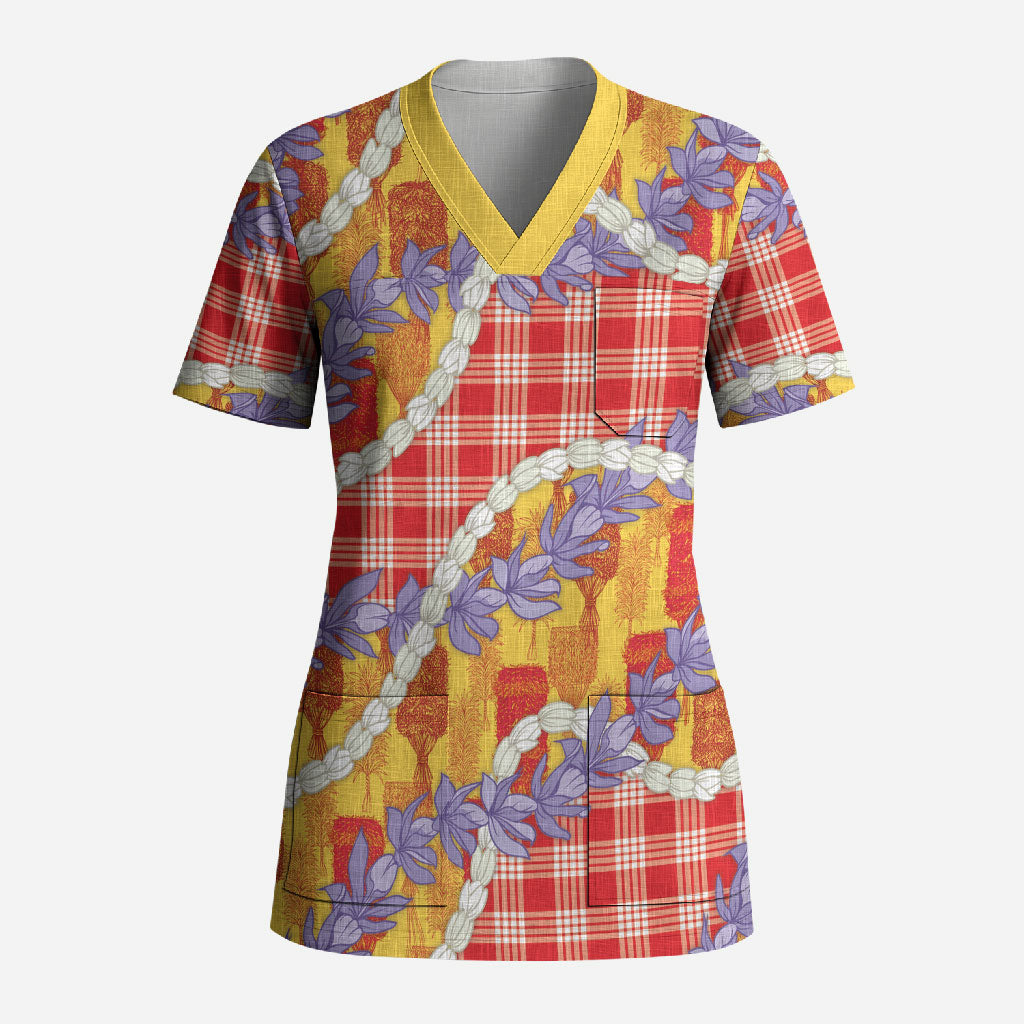 Hawaii Kahili Palaka Motifs Scrub Top Hawaiian Honohono Pikake Lei