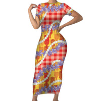 Hawaii Kahili Palaka Motifs Short Sleeve Bodycon Dress Hawaiian Honohono Pikake Lei