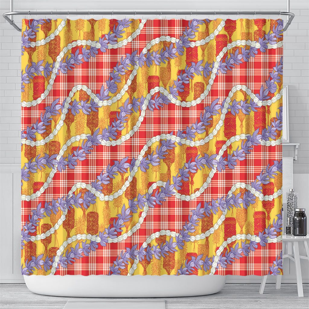 Hawaii Kahili Palaka Motifs Shower Curtain Hawaiian Honohono Pikake Lei