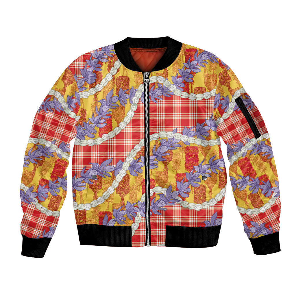 Hawaii Kahili Palaka Motifs Sleeve Zip Bomber Jacket Hawaiian Honohono Pikake Lei