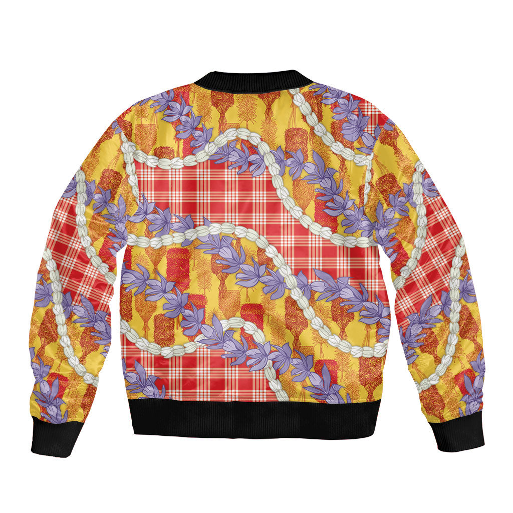 Hawaii Kahili Palaka Motifs Sleeve Zip Bomber Jacket Hawaiian Honohono Pikake Lei