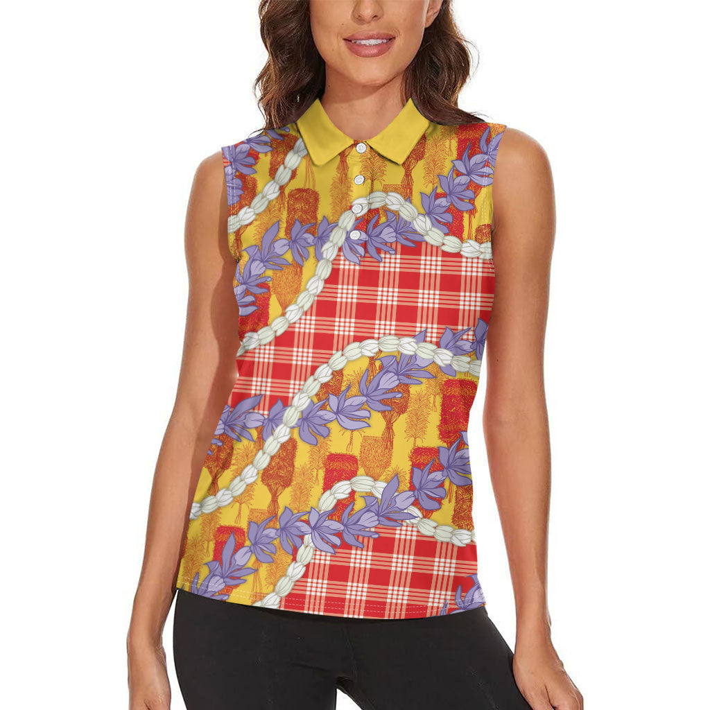 Hawaii Kahili Palaka Motifs Women Sleeveless Polo Shirt Hawaiian Honohono Pikake Lei