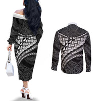 Hawaii Lauhala Tattoo Couples Matching Off The Shoulder Long Sleeve Dress and Long Sleeve Button Shirt Hawaiian Hala Leaf Weaving