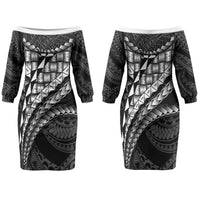 Hawaii Lauhala Tattoo Couples Matching Off The Shoulder Long Sleeve Dress and Long Sleeve Button Shirt Hawaiian Hala Leaf Weaving LT14 - Polynesian Pride