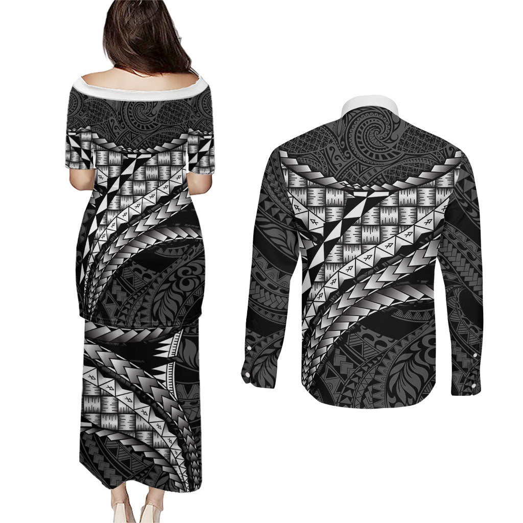 Hawaii Lauhala Tattoo Couples Matching Puletasi and Long Sleeve Button Shirt Hawaiian Hala Leaf Weaving