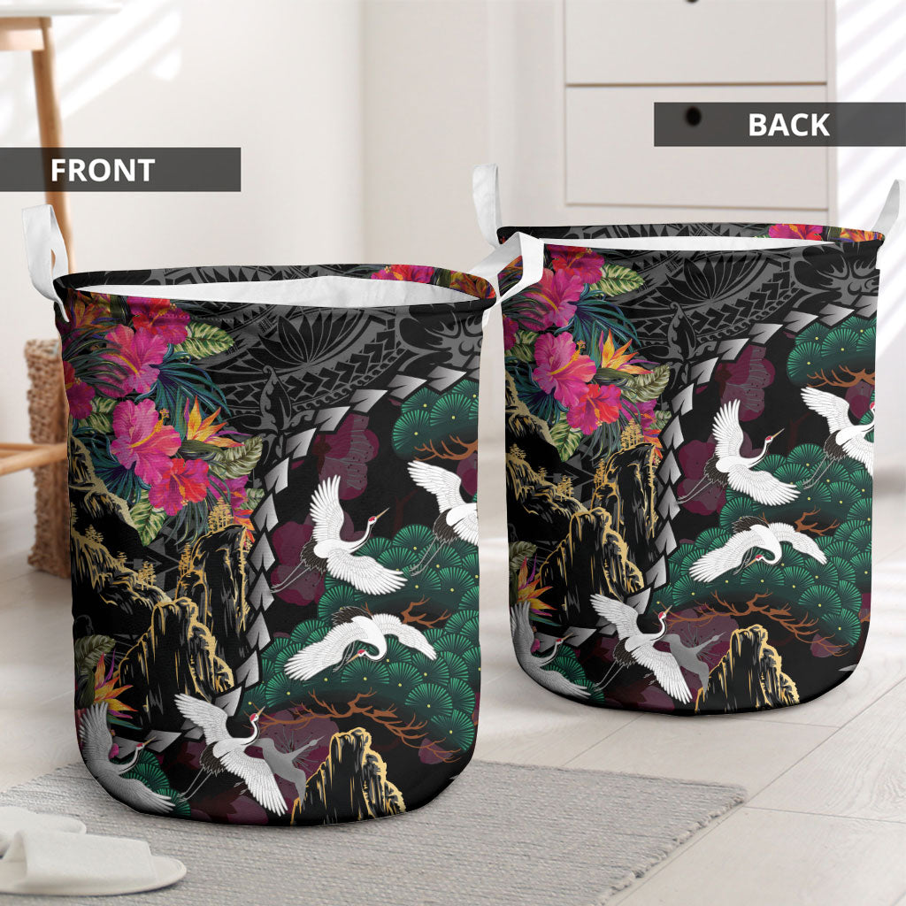 Hawaiian and Japanese Culture Laundry Basket Crane Sakura Hibiscus Tropical Vibes