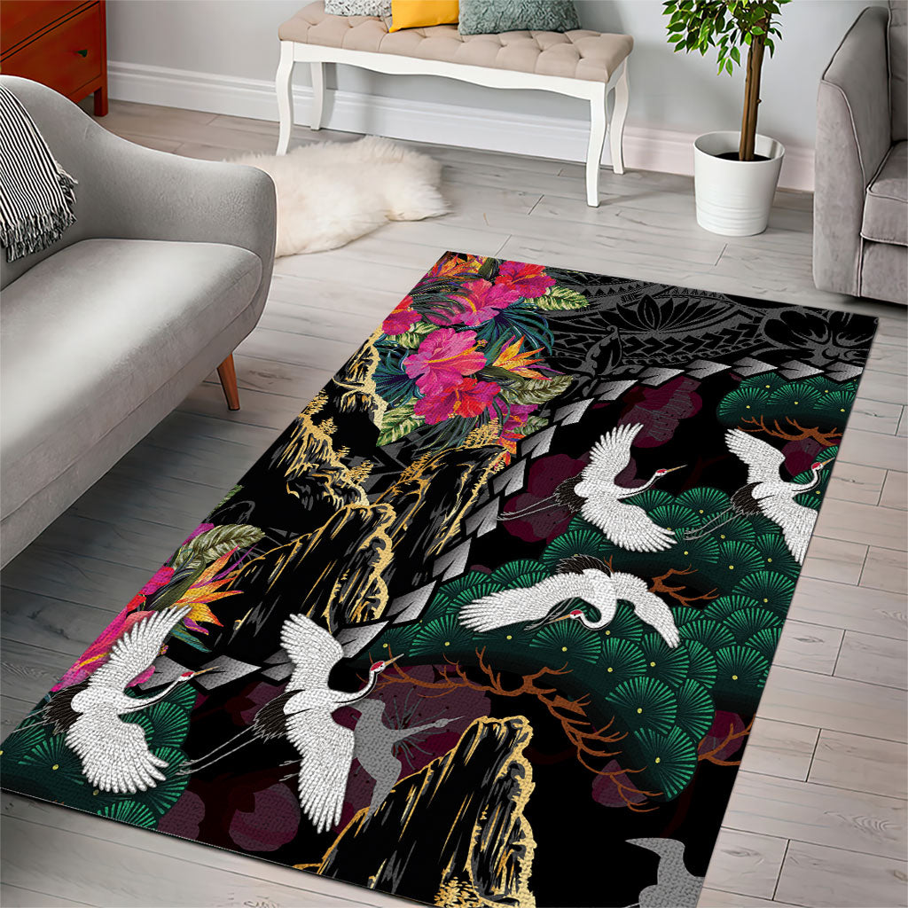 Hawaiian and Japanese Culture Area Rug Crane Sakura Hibiscus Tropical Vibes