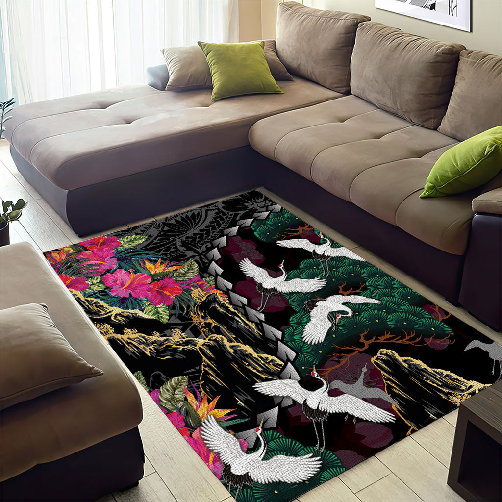Hawaiian and Japanese Culture Area Rug Crane Sakura Hibiscus Tropical Vibes