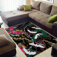 Hawaiian and Japanese Culture Area Rug Crane Sakura Hibiscus Tropical Vibes