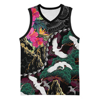 Hawaiian and Japanese Culture Basketball Jersey Crane Sakura Hibiscus Tropical Vibes