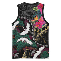 Hawaiian and Japanese Culture Basketball Jersey Crane Sakura Hibiscus Tropical Vibes