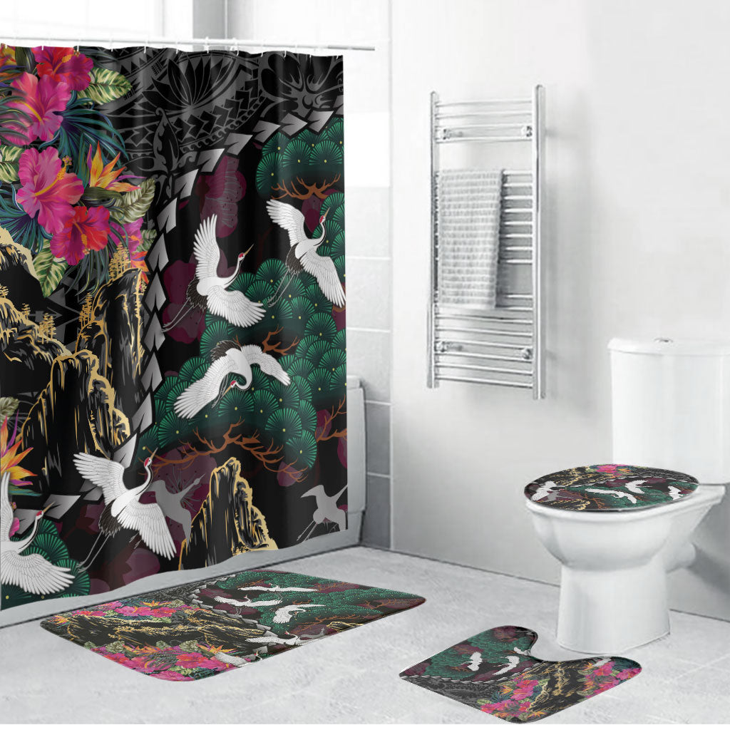 Hawaiian and Japanese Culture Bathroom Set Crane Sakura Hibiscus Tropical Vibes