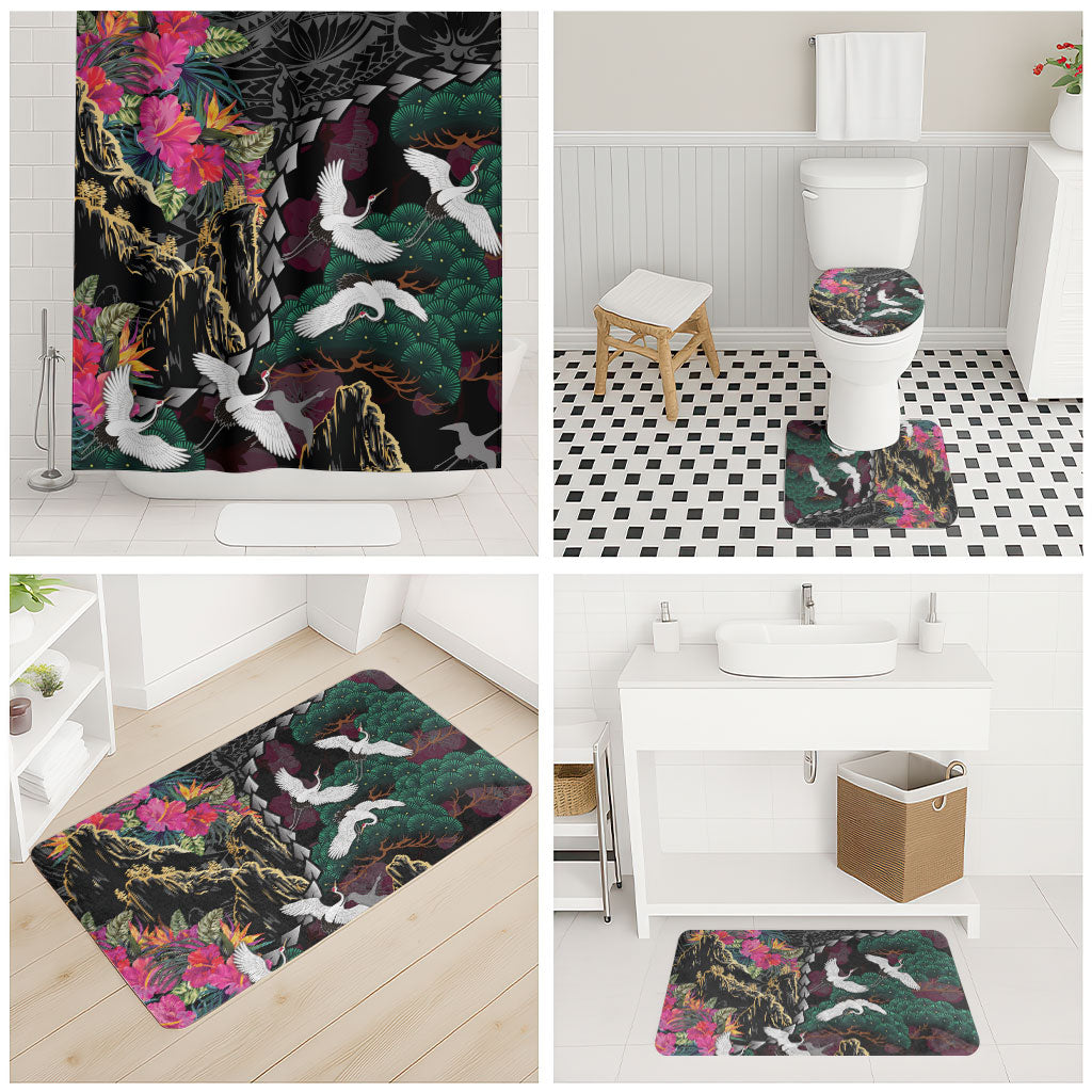 Hawaiian and Japanese Culture Bathroom Set Crane Sakura Hibiscus Tropical Vibes