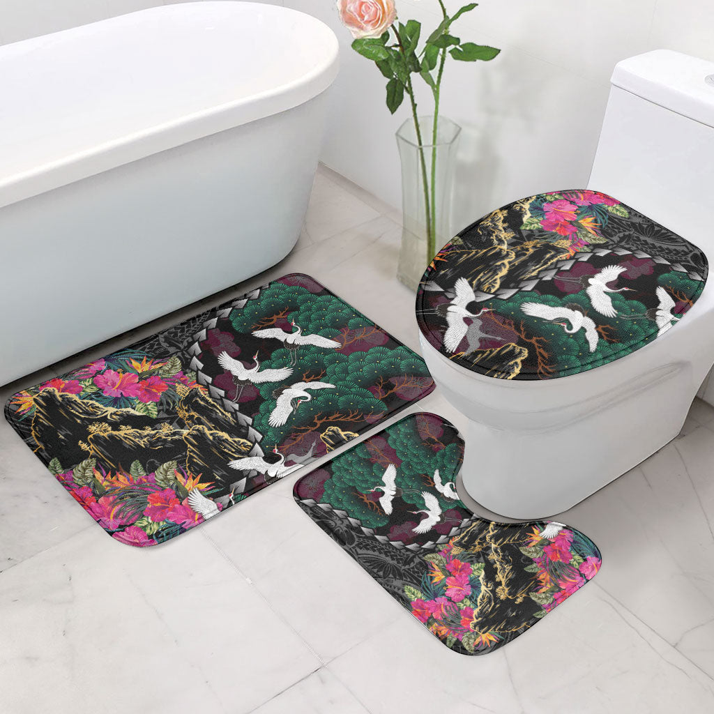 Hawaiian and Japanese Culture Bathroom Set Crane Sakura Hibiscus Tropical Vibes