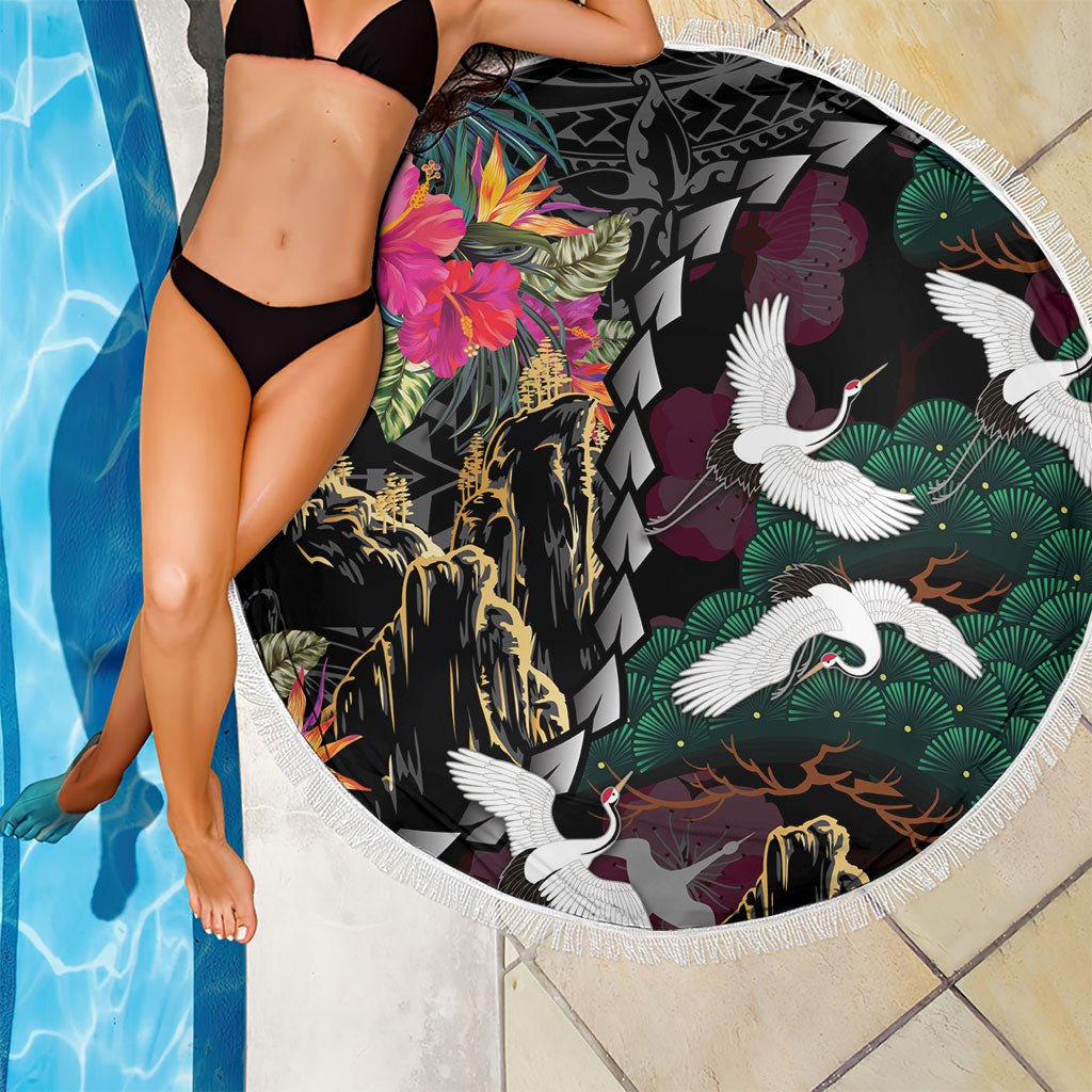 Hawaiian and Japanese Culture Beach Blanket Crane Sakura Hibiscus Tropical Vibes