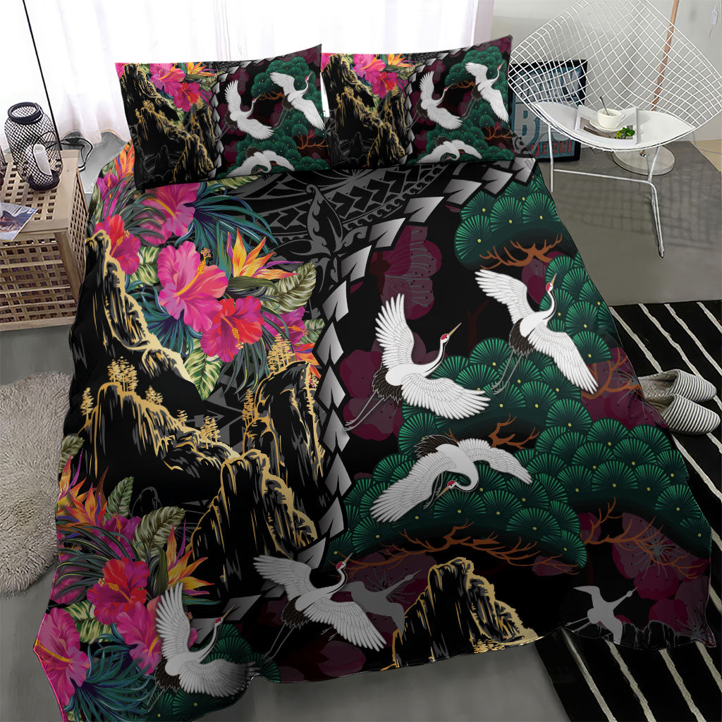 Hawaiian and Japanese Culture Bedding Set Crane Sakura Hibiscus Tropical Vibes