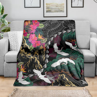 Hawaiian and Japanese Culture Blanket Crane Sakura Hibiscus Tropical Vibes