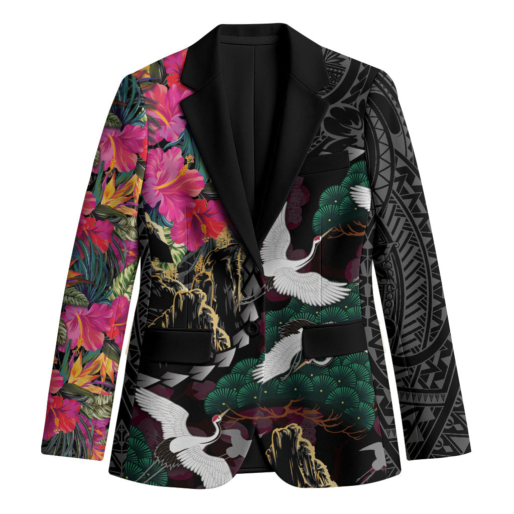 Hawaiian and Japanese Culture Blazer Crane Sakura Hibiscus Tropical Vibes