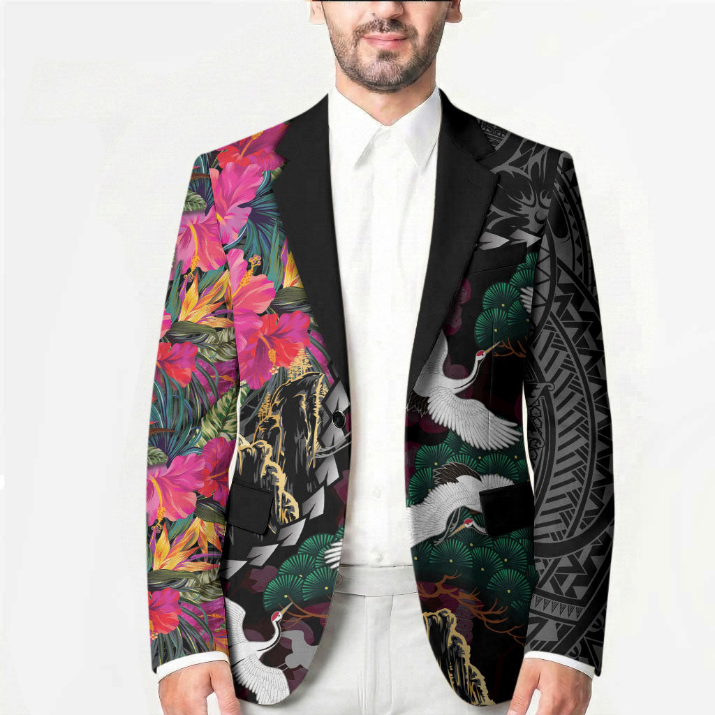 Hawaiian and Japanese Culture Blazer Crane Sakura Hibiscus Tropical Vibes