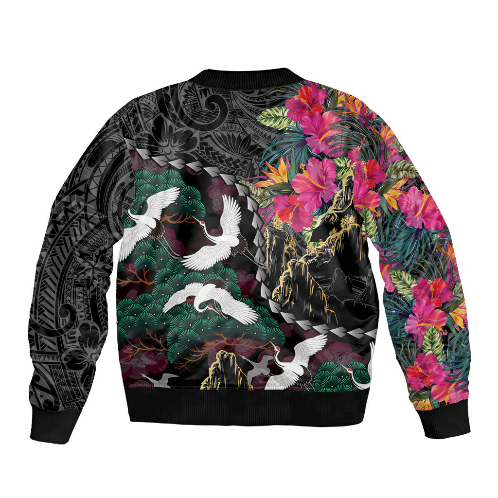 Hawaiian and Japanese Culture Bomber Jacket Crane Sakura Hibiscus Tropical Vibes