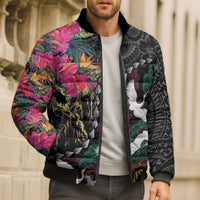 Hawaiian and Japanese Culture Bomber Puffer Jacket Crane Sakura Hibiscus Tropical Vibes