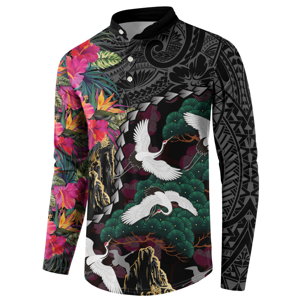 Hawaiian and Japanese Culture Button Sweatshirt Crane Sakura Hibiscus Tropical Vibes