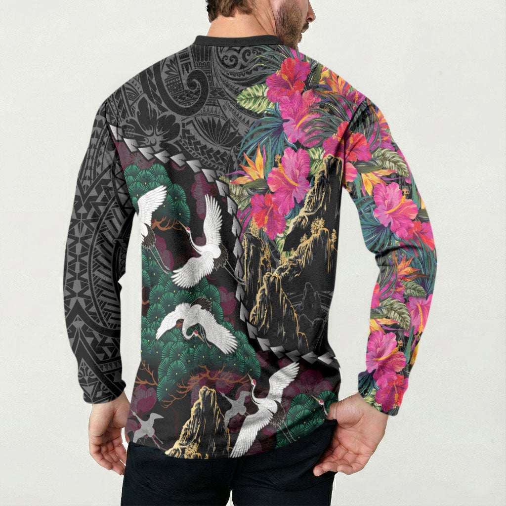 Hawaiian and Japanese Culture Button Sweatshirt Crane Sakura Hibiscus Tropical Vibes