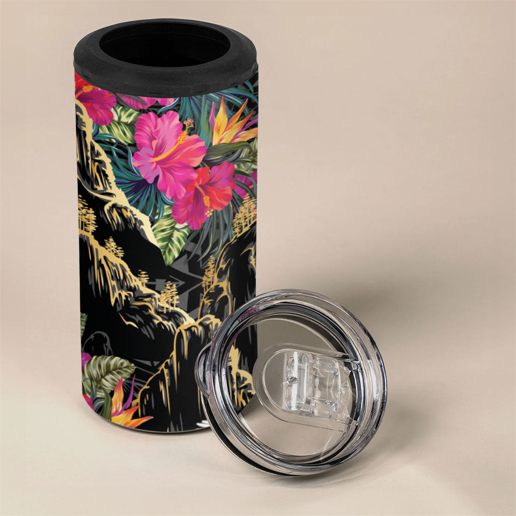 Hawaiian and Japanese Culture 4 in 1 Can Cooler Tumbler Crane Sakura Hibiscus Tropical Vibes