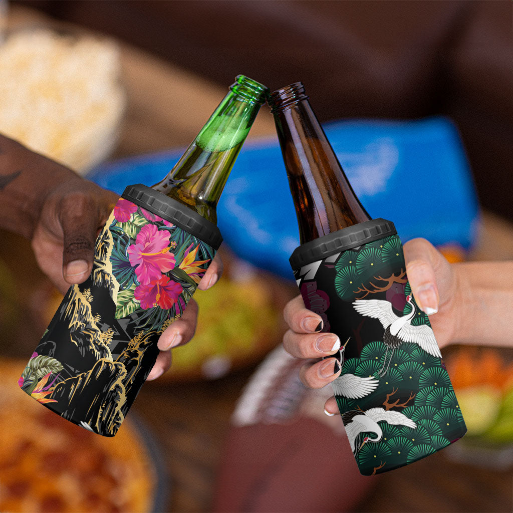 Hawaiian and Japanese Culture 4 in 1 Can Cooler Tumbler Crane Sakura Hibiscus Tropical Vibes