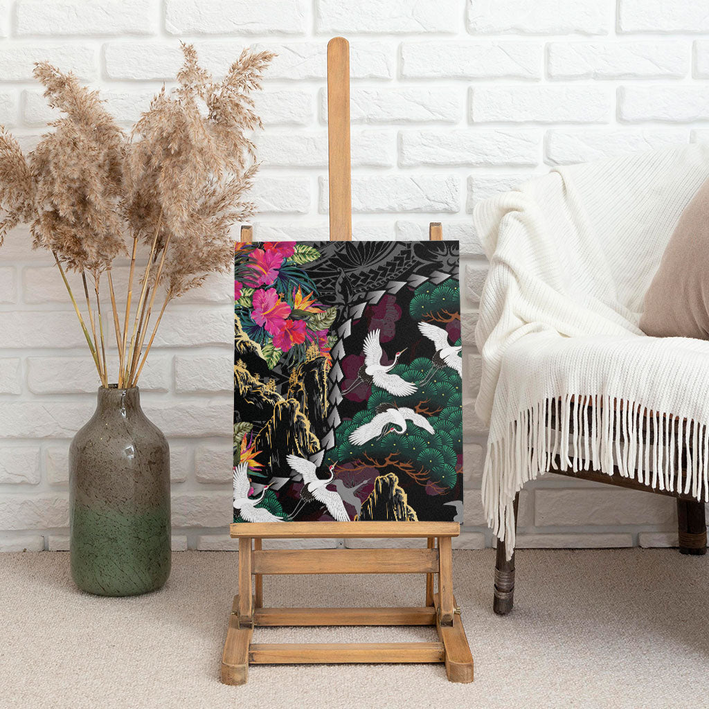 Hawaiian and Japanese Culture Canvas Wall Art Crane Sakura Hibiscus Tropical Vibes