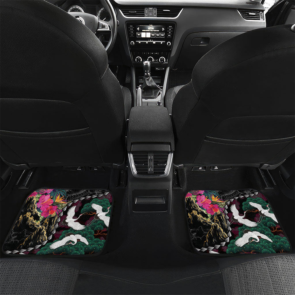 Hawaiian and Japanese Culture Car Mats Crane Sakura Hibiscus Tropical Vibes