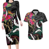 Hawaiian and Japanese Culture Couples Matching Long Sleeve Bodycon Dress and Hawaiian Shirt Crane Sakura Hibiscus Tropical Vibes LT14 Black - Polynesian Pride