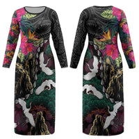 Hawaiian and Japanese Culture Couples Matching Long Sleeve Bodycon Dress and Hawaiian Shirt Crane Sakura Hibiscus Tropical Vibes LT14 - Polynesian Pride