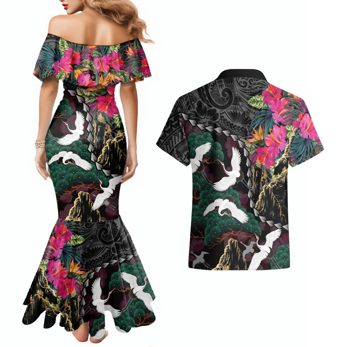 Hawaiian and Japanese Culture Couples Matching Mermaid Dress and Hawaiian Shirt Crane Sakura Hibiscus Tropical Vibes