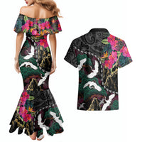Hawaiian and Japanese Culture Couples Matching Mermaid Dress and Hawaiian Shirt Crane Sakura Hibiscus Tropical Vibes