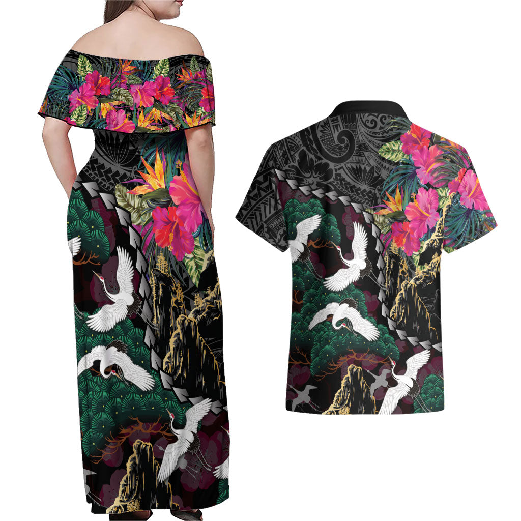 Hawaiian and Japanese Culture Couples Matching Off Shoulder Maxi Dress and Hawaiian Shirt Crane Sakura Hibiscus Tropical Vibes