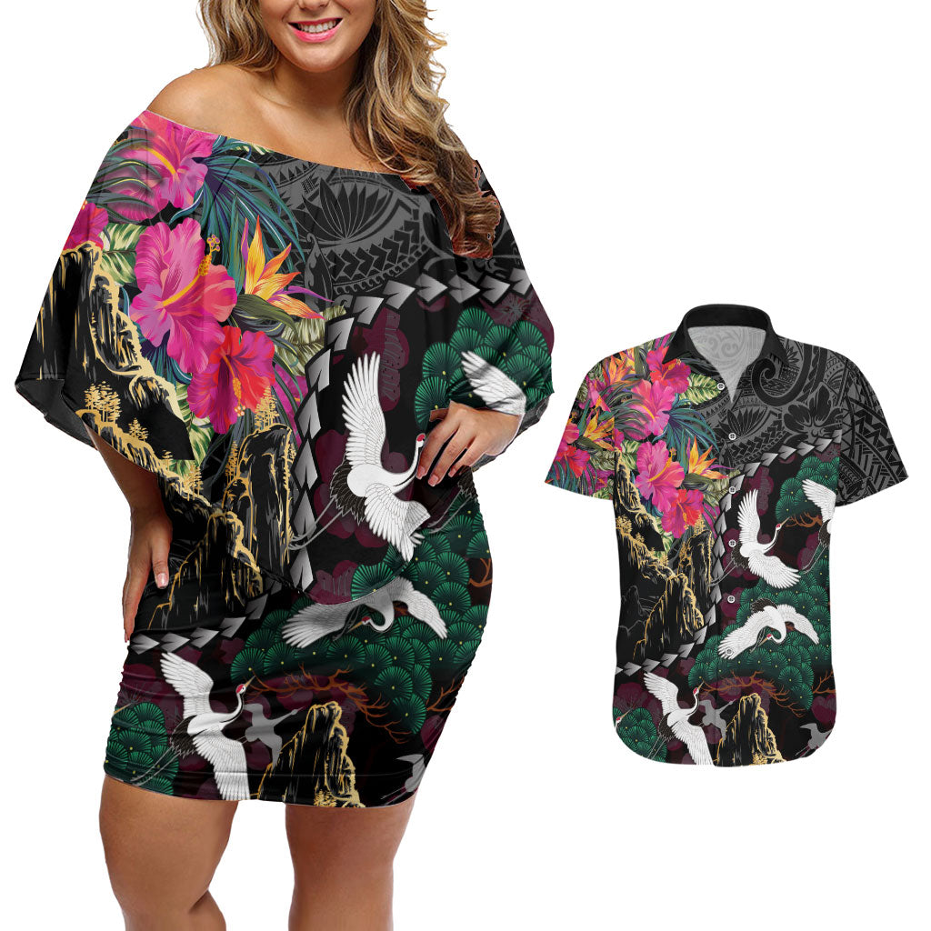 Hawaiian and Japanese Culture Couples Matching Off Shoulder Short Dress and Hawaiian Shirt Crane Sakura Hibiscus Tropical Vibes
