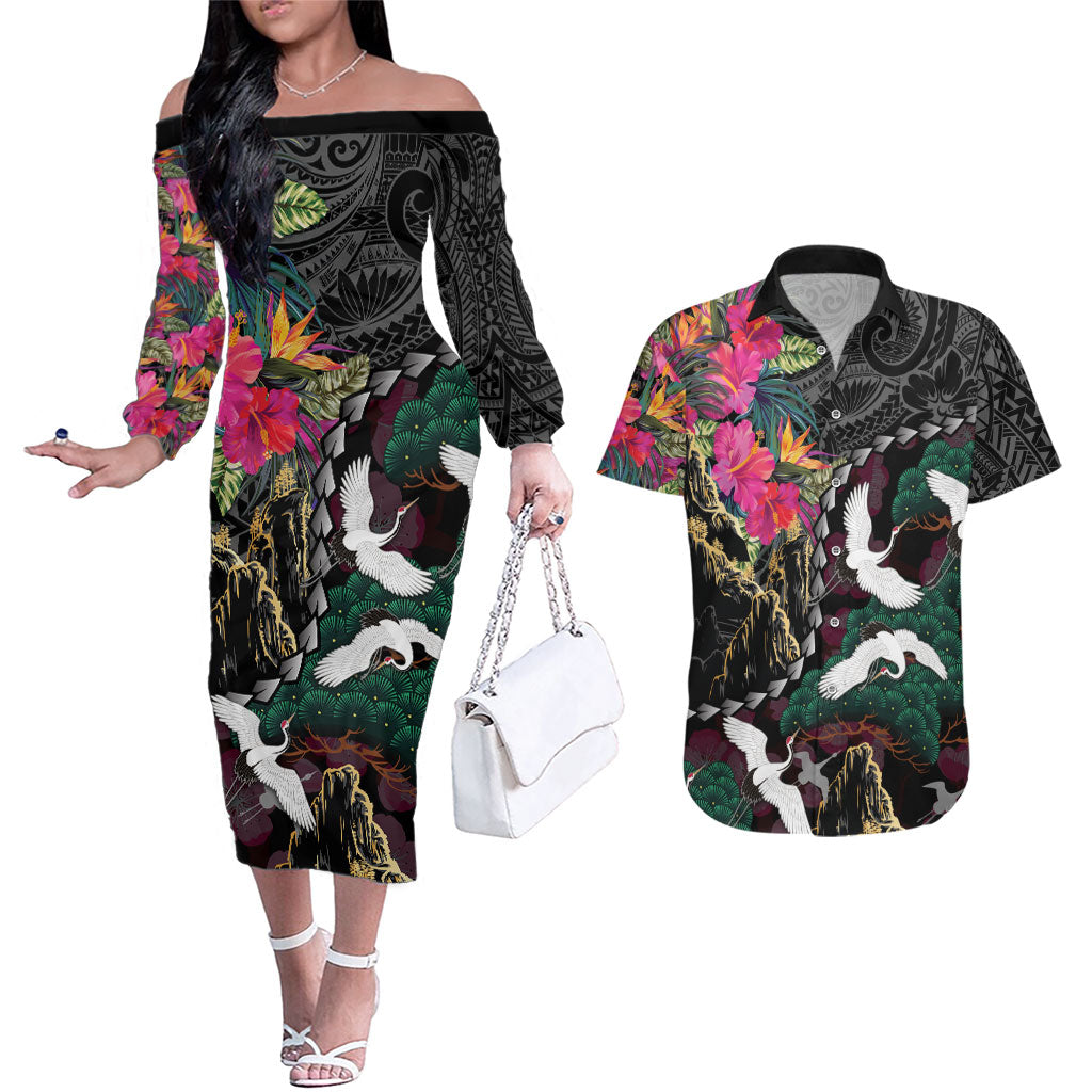 Hawaiian and Japanese Culture Couples Matching Off The Shoulder Long Sleeve Dress and Hawaiian Shirt Crane Sakura Hibiscus Tropical Vibes LT14 Black - Polynesian Pride