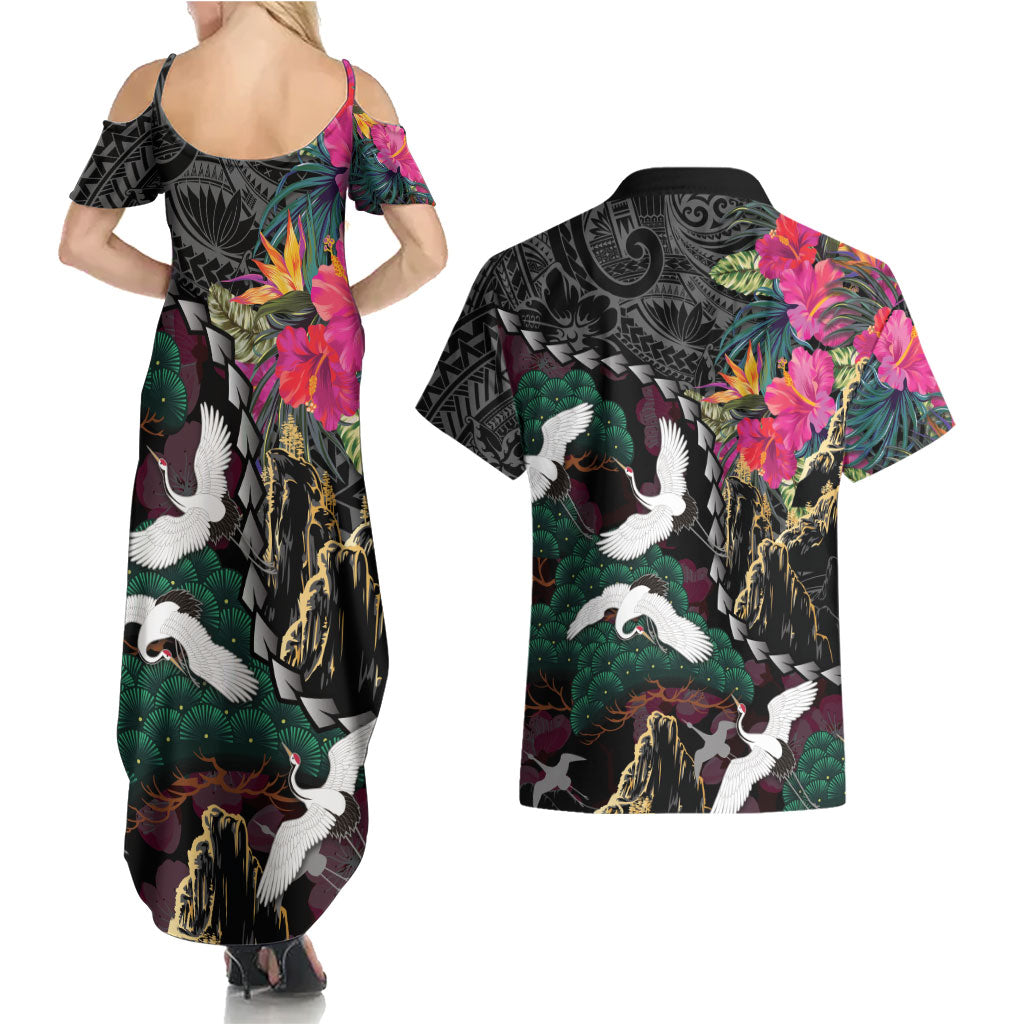 Hawaiian and Japanese Culture Couples Matching Summer Maxi Dress and Hawaiian Shirt Crane Sakura Hibiscus Tropical Vibes