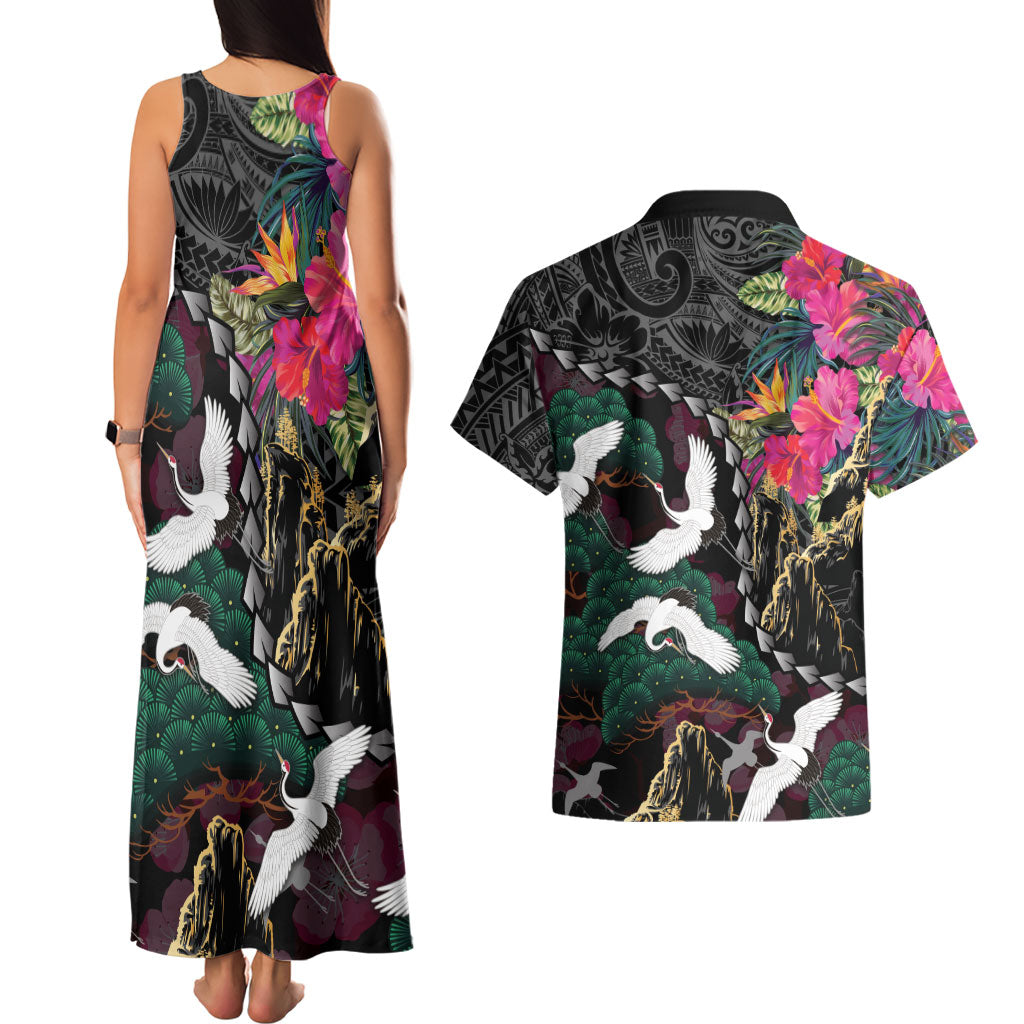 Hawaiian and Japanese Culture Couples Matching Tank Maxi Dress and Hawaiian Shirt Crane Sakura Hibiscus Tropical Vibes