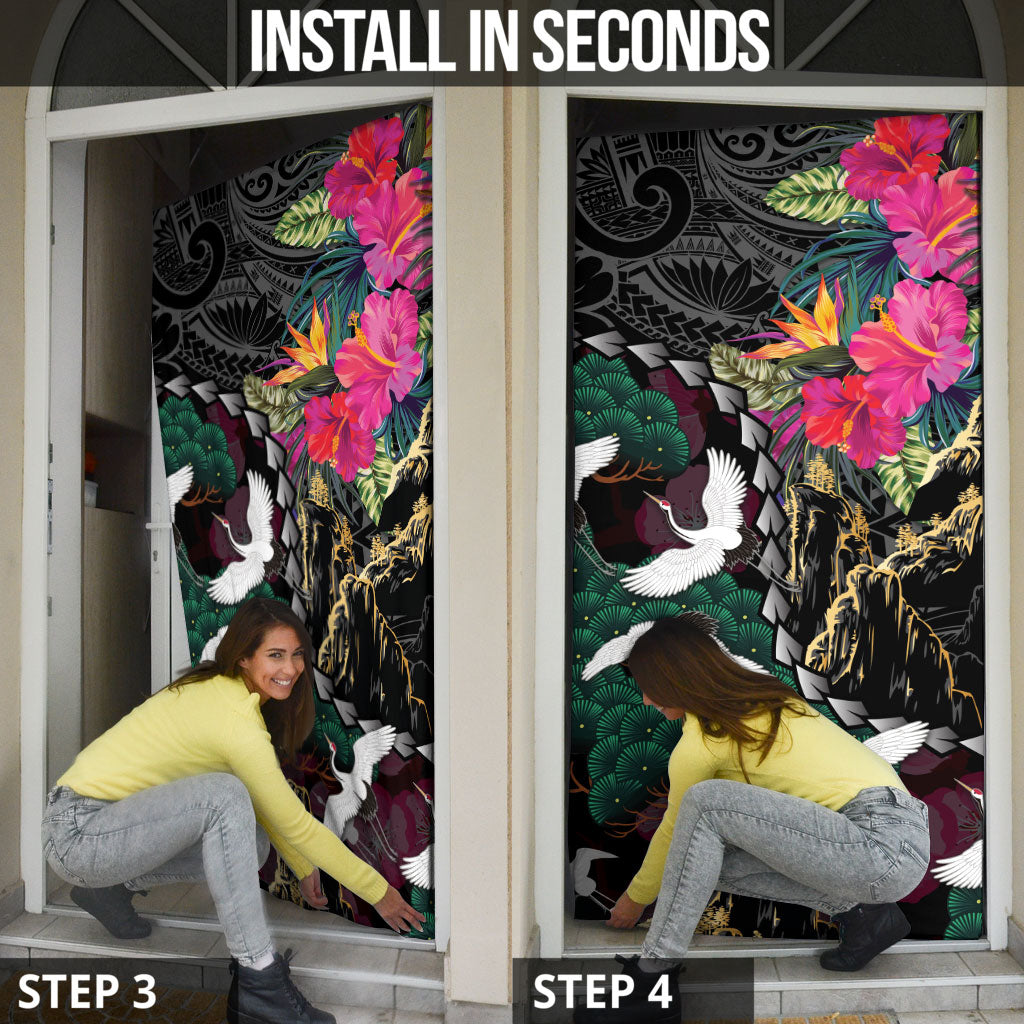 Hawaiian and Japanese Culture Door Cover Crane Sakura Hibiscus Tropical Vibes