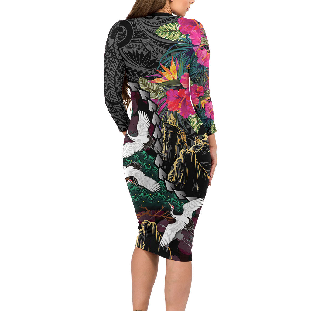 Hawaiian and Japanese Culture Family Matching Long Sleeve Bodycon Dress and Hawaiian Shirt Crane Sakura Hibiscus Tropical Vibes LT14 - Polynesian Pride