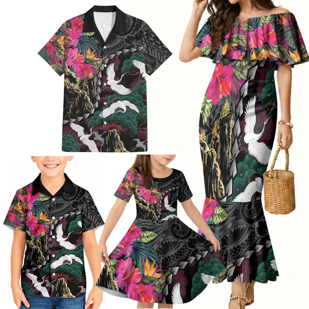 Hawaiian and Japanese Culture Family Matching Mermaid Dress and Hawaiian Shirt Crane Sakura Hibiscus Tropical Vibes LT14 - Polynesian Pride