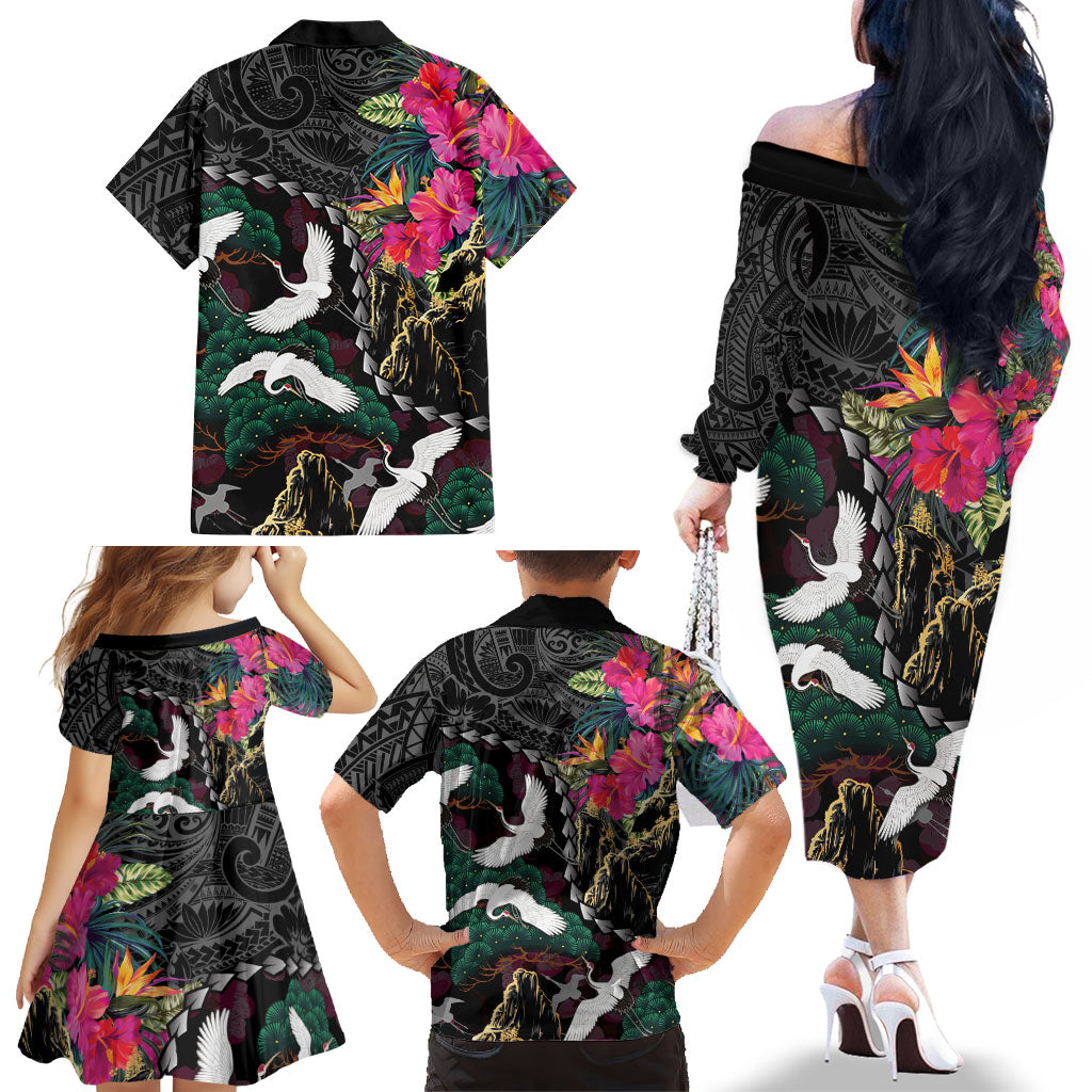 Hawaiian and Japanese Culture Family Matching Off The Shoulder Long Sleeve Dress and Hawaiian Shirt Crane Sakura Hibiscus Tropical Vibes LT14 - Polynesian Pride