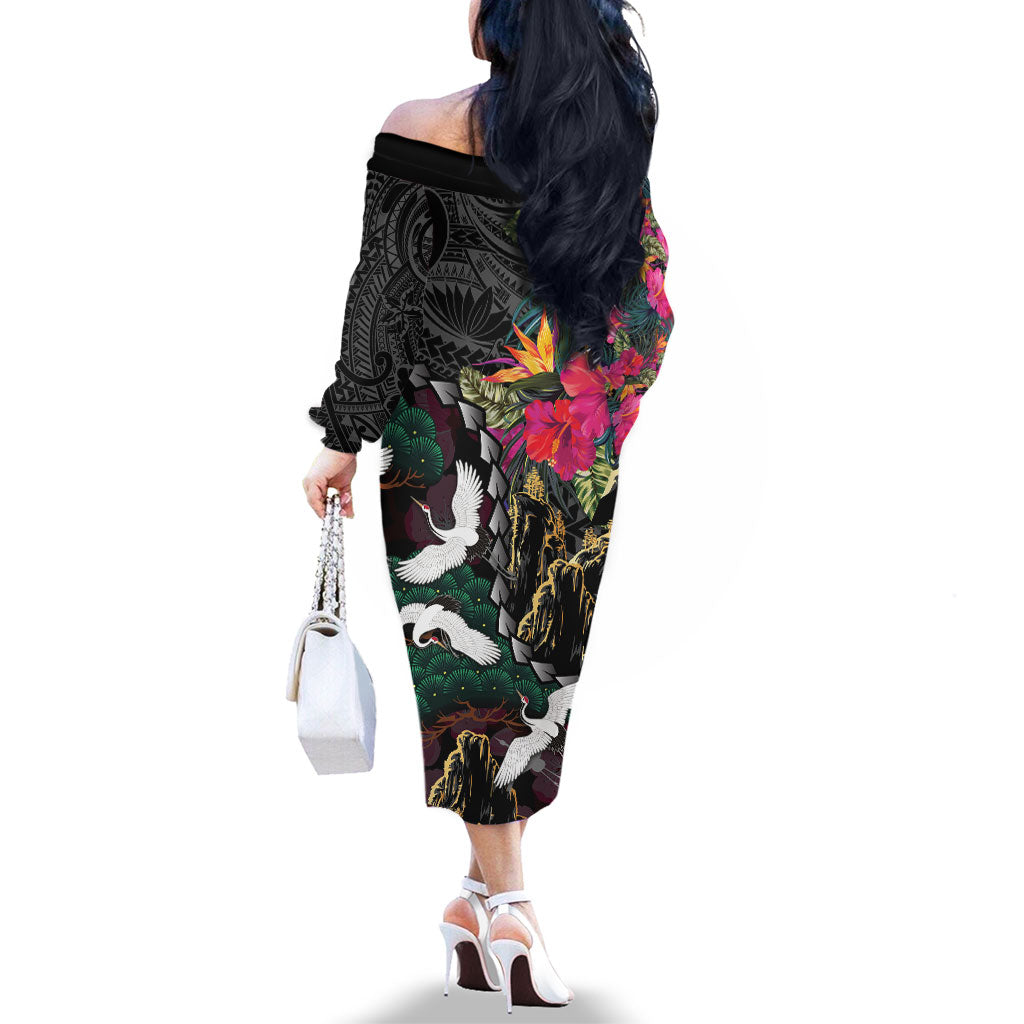 Hawaiian and Japanese Culture Family Matching Off The Shoulder Long Sleeve Dress and Hawaiian Shirt Crane Sakura Hibiscus Tropical Vibes LT14 - Polynesian Pride